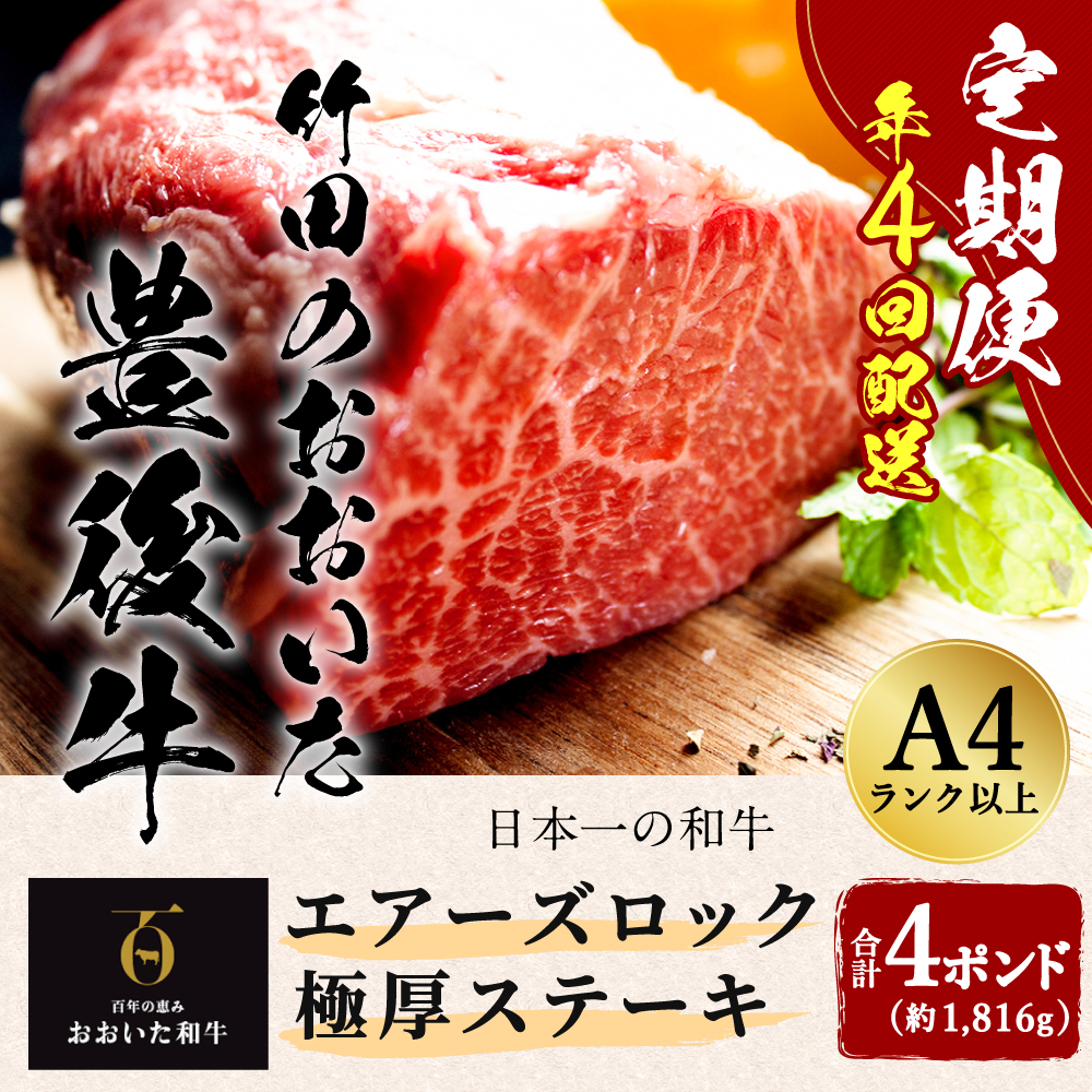 【定期便】 日本一の和牛 おおいた豊後牛 ＜1ポンド エアーズロック極厚ステーキ×4ヶ月＞ 